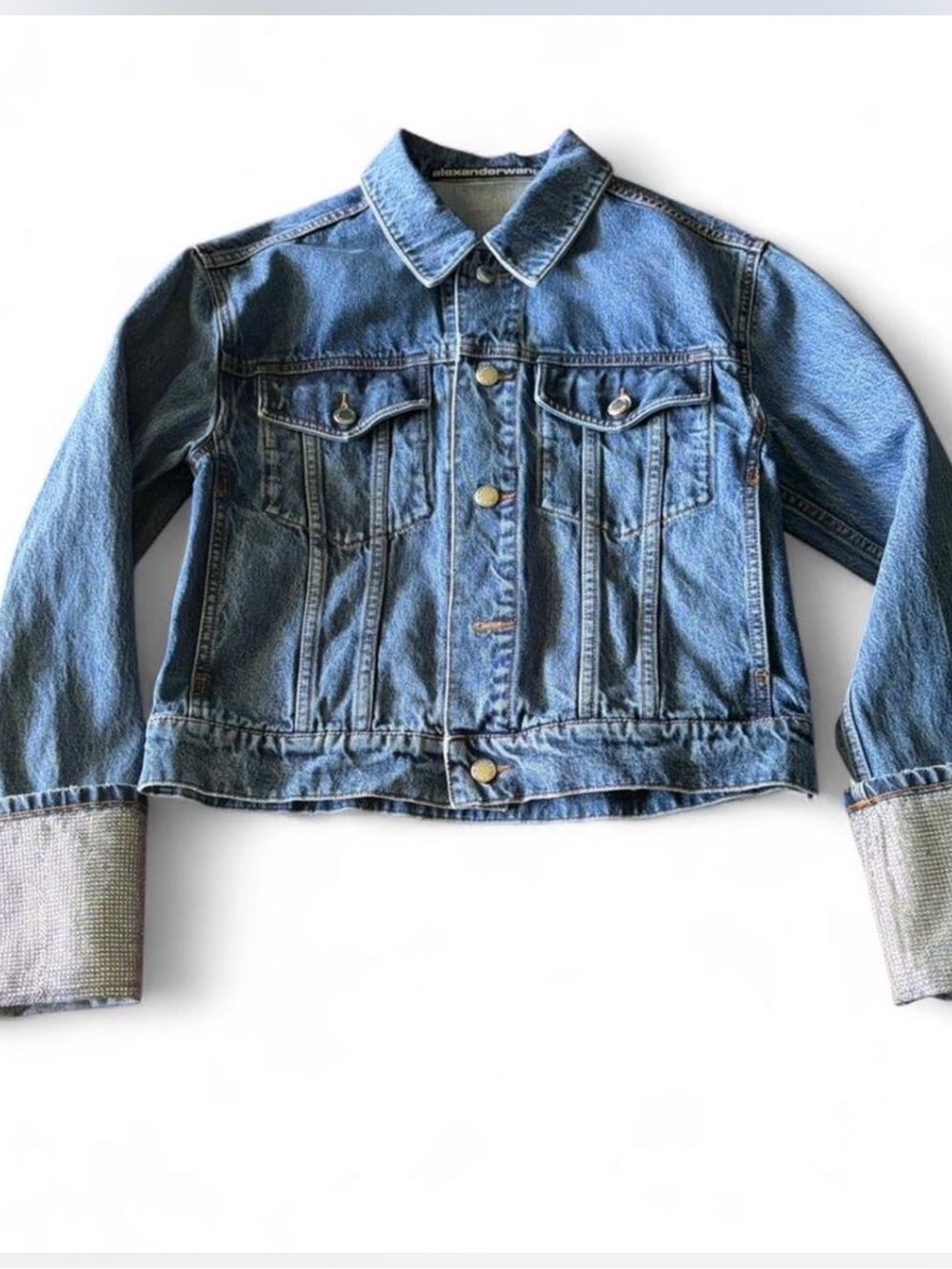 🆕 $895 Alexander Wang Rounded Trucker Denim Jacket Blue Crystal Cuffs Size S